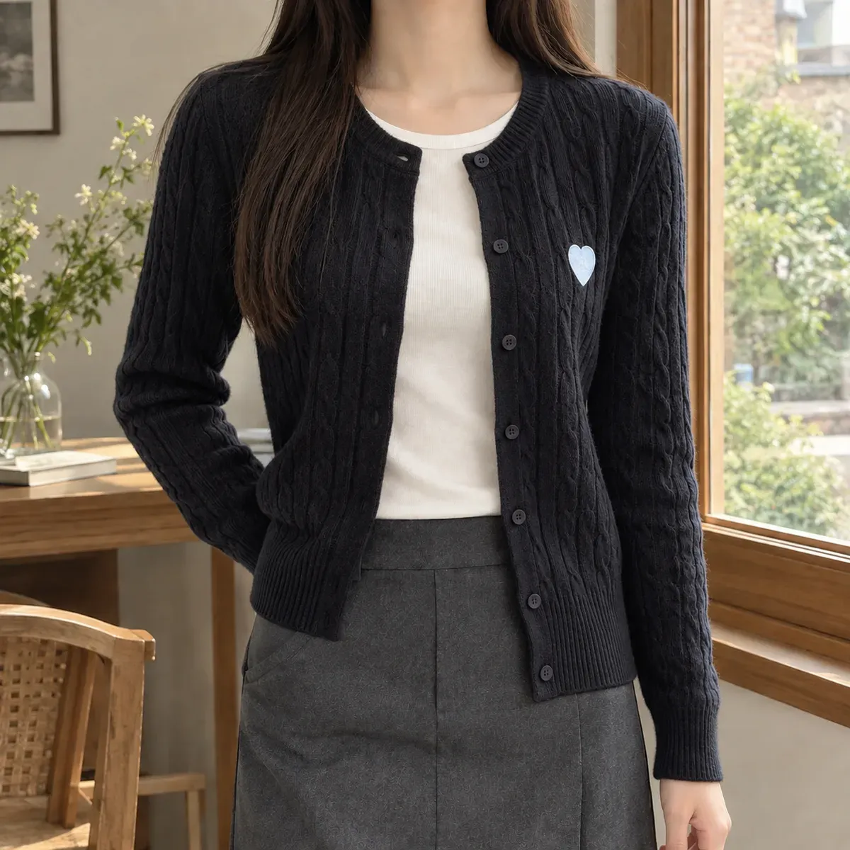 Andrina Round Neck Cardigan in Black