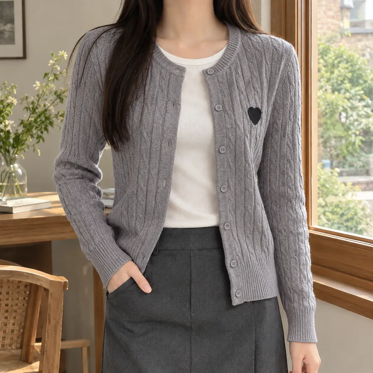 Andrina Round Neck Cardigan in Gray