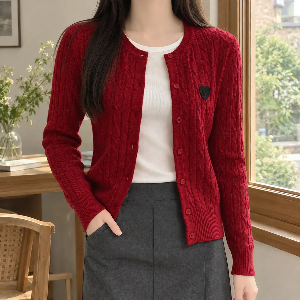 Andrina Round Neck Cardigan in Red