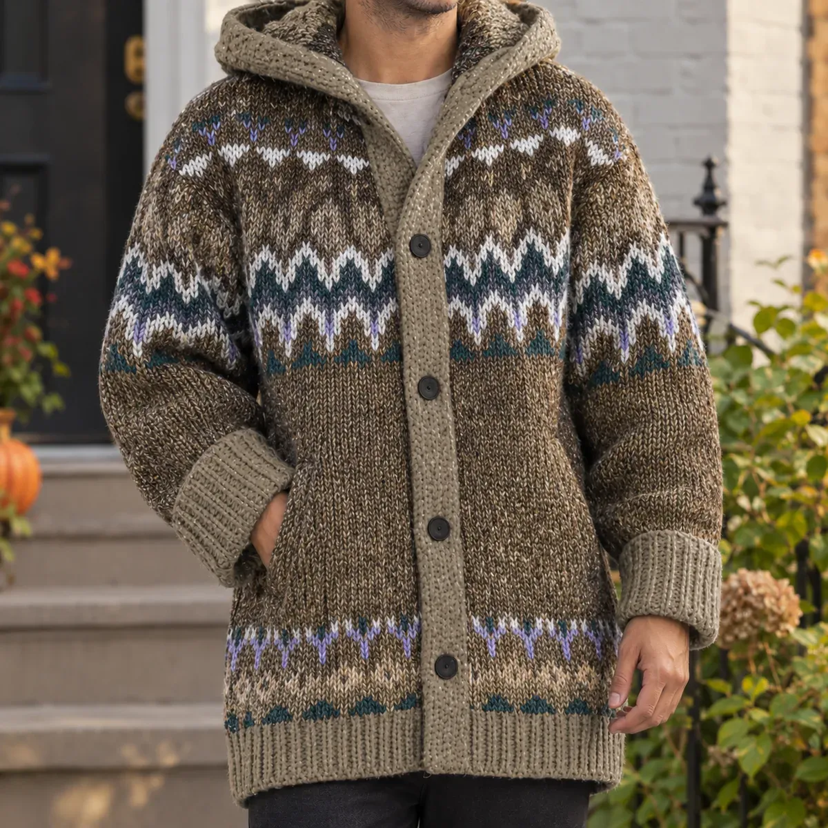 Edmund Hooded Cardigan in Brown