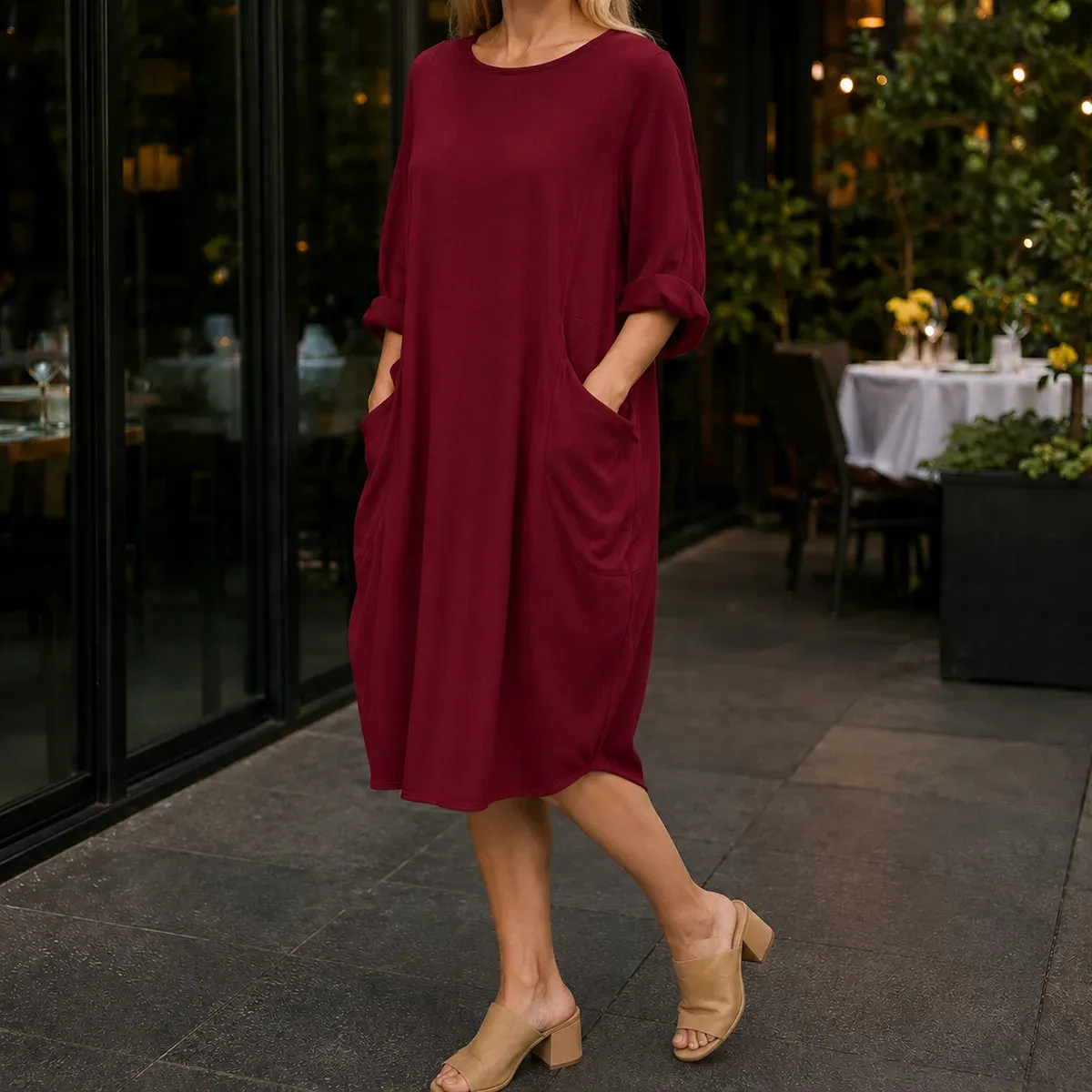 Greta-Marie Cocoon Pocket Dress in Dark Red