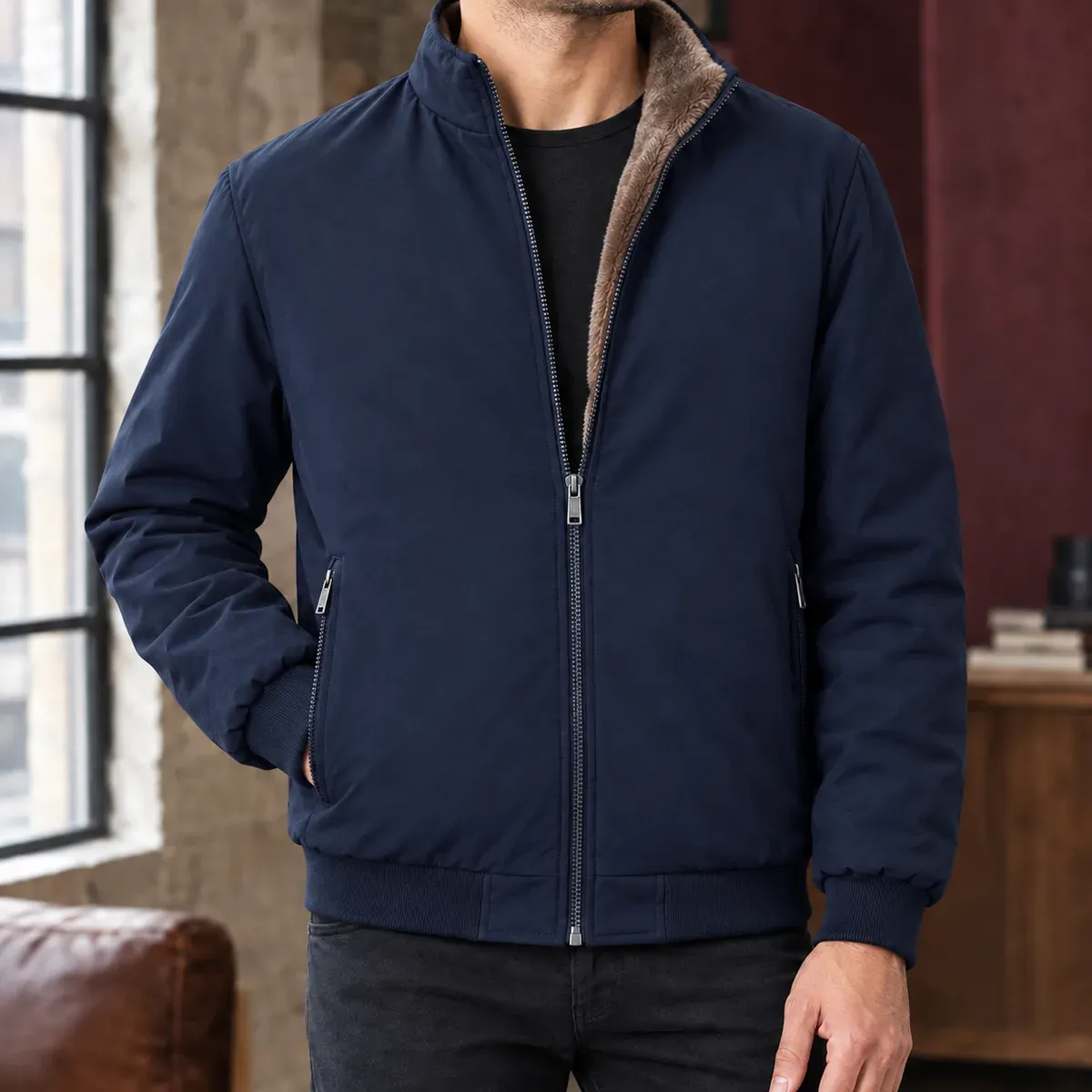 Malcolm Stand Collar Jacket in Dark Blue